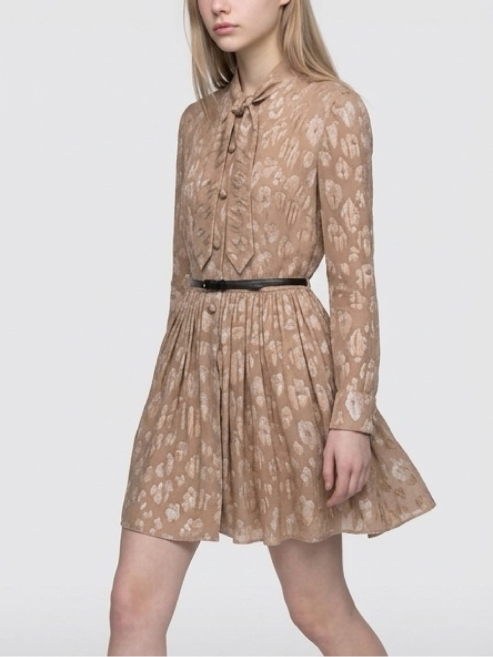 Saint Laurent Gold Metallic-flocked silk-blend dress w/ belt